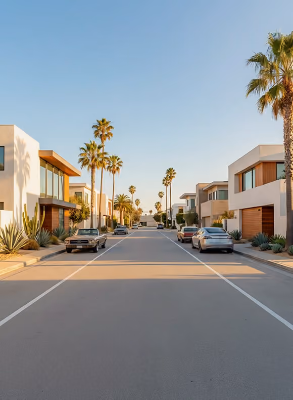 Residential street lined with modern houses, palm trees, and parked cars under a clear blue sky.