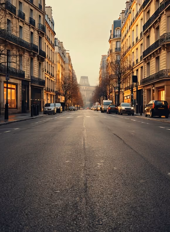 Empty urban street lined with parked cars and tall buildings during early morning or late afternoon light.