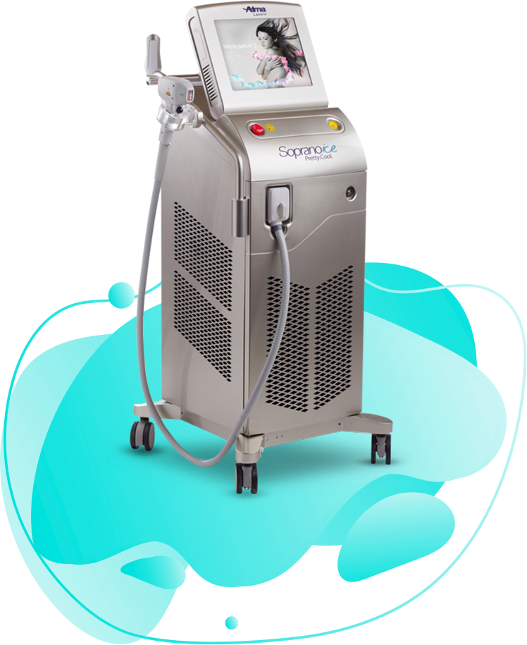 Soprano Ice Laser-Haarentfernungsgerät mit digitalem Bildschirm und handlichem Applikator auf Rollen.