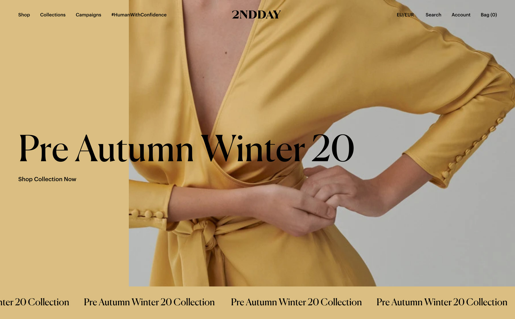 The color of the website design is taken from each collection. This yellow frontpage is made with the yellow from the dress presented on the large image.