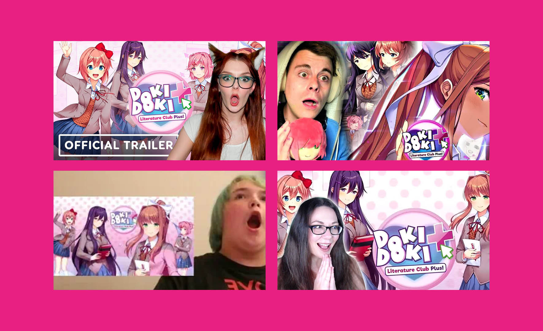 Pictures of fans from YouTube reacting on the Doki Doki Litterature Club Plus trailer