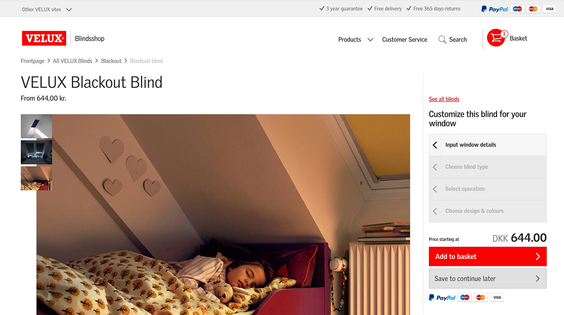 The VELUX Blind shop showing the step befor the checkout flow