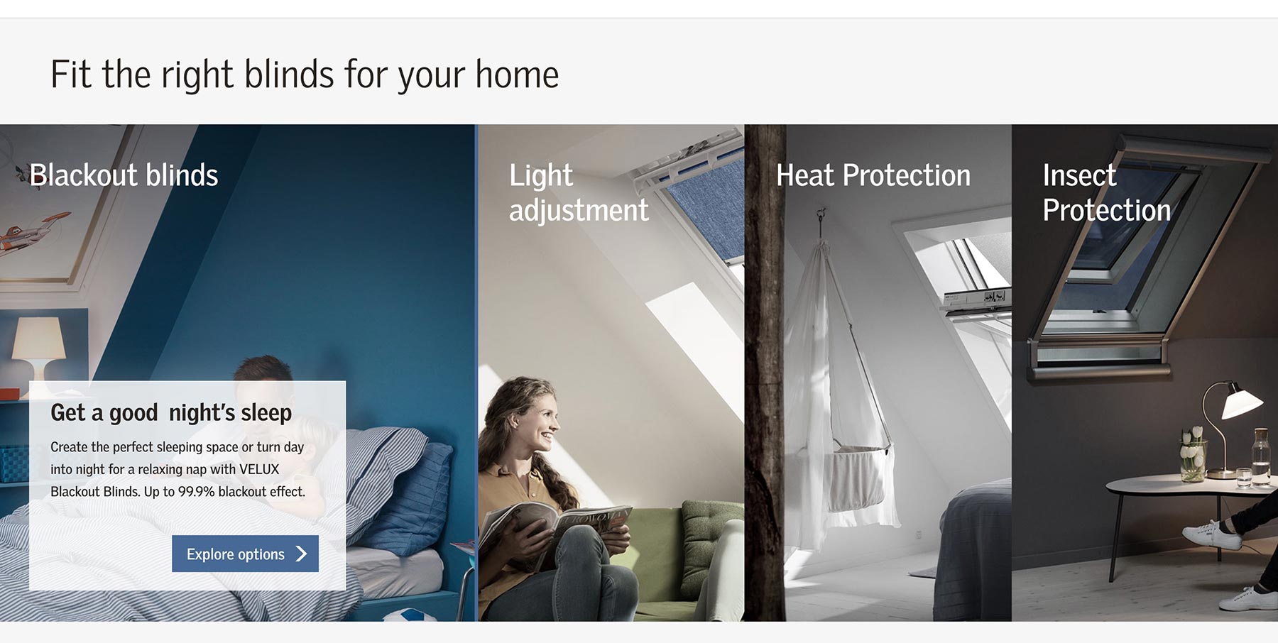 The VELUX Blind shop showing product catagories