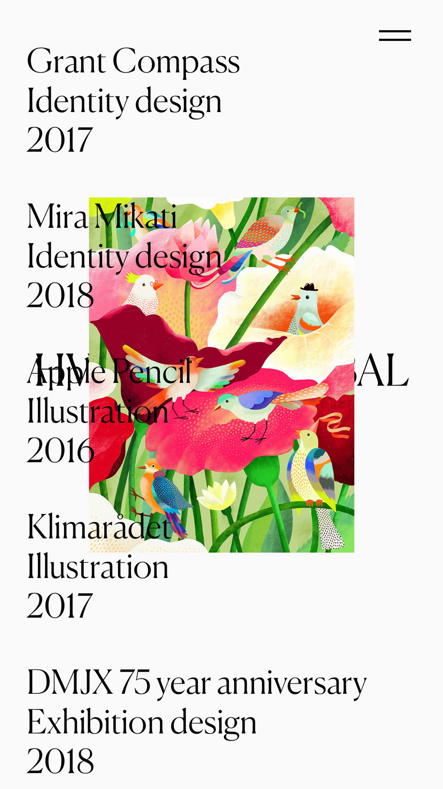 The digital overlay effect on Hvass & Hannibal’s site previews the case images when the user hovers over each project.