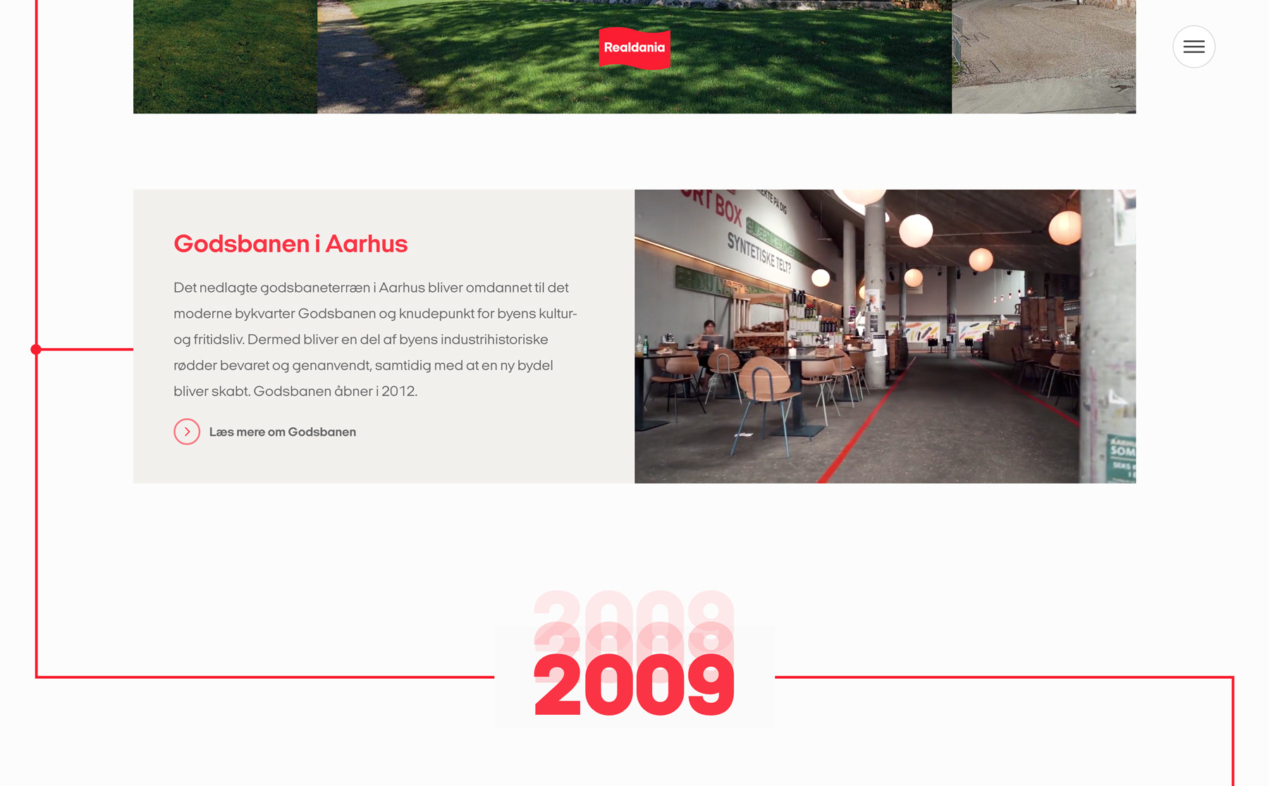 An element from the Realdania timeline showcasing Godsbanen in Aarhus. You can still see how that the timeline continues.