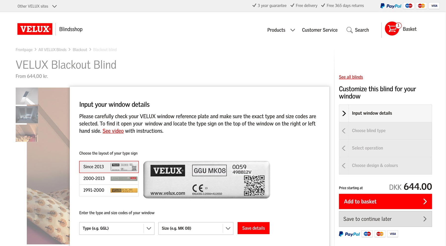 A screendump that shows the link to the basket in the VELUX blind shop