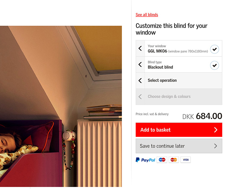 Showing how customers can customize their blinds on the VELUX blindshop