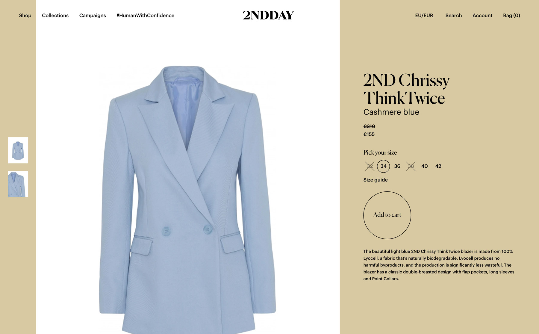 A light blue blazer displayed on a product page in the webshop. The call to action “Add to cart” is clear, yet in a subtle design.