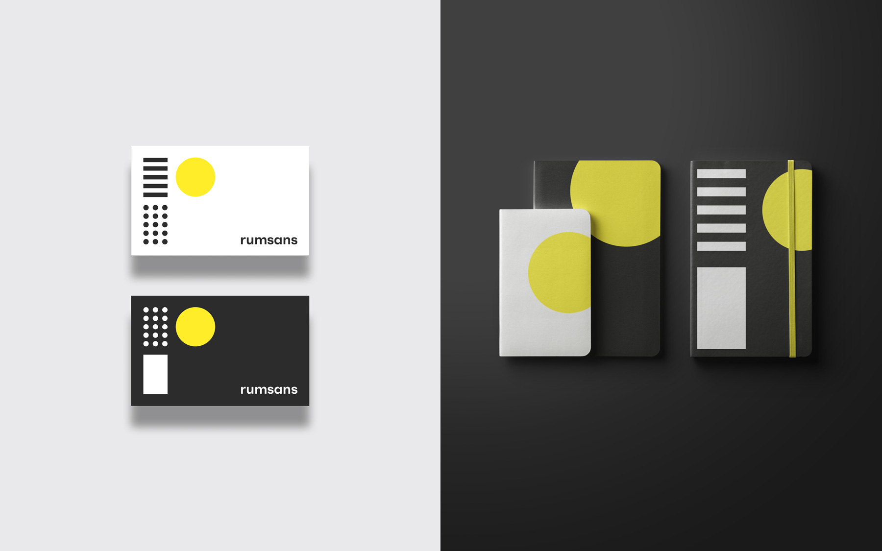 Business cards and note books printed with the Rumsans visual identity consisting of graphic elements in the colors black, white and yellow.