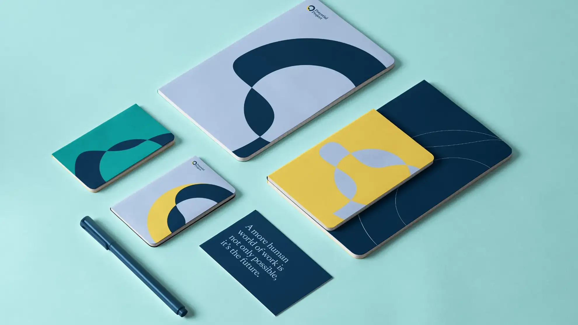 Mock-ups of the new identity we developed for the mindfulness company Potential Project.
