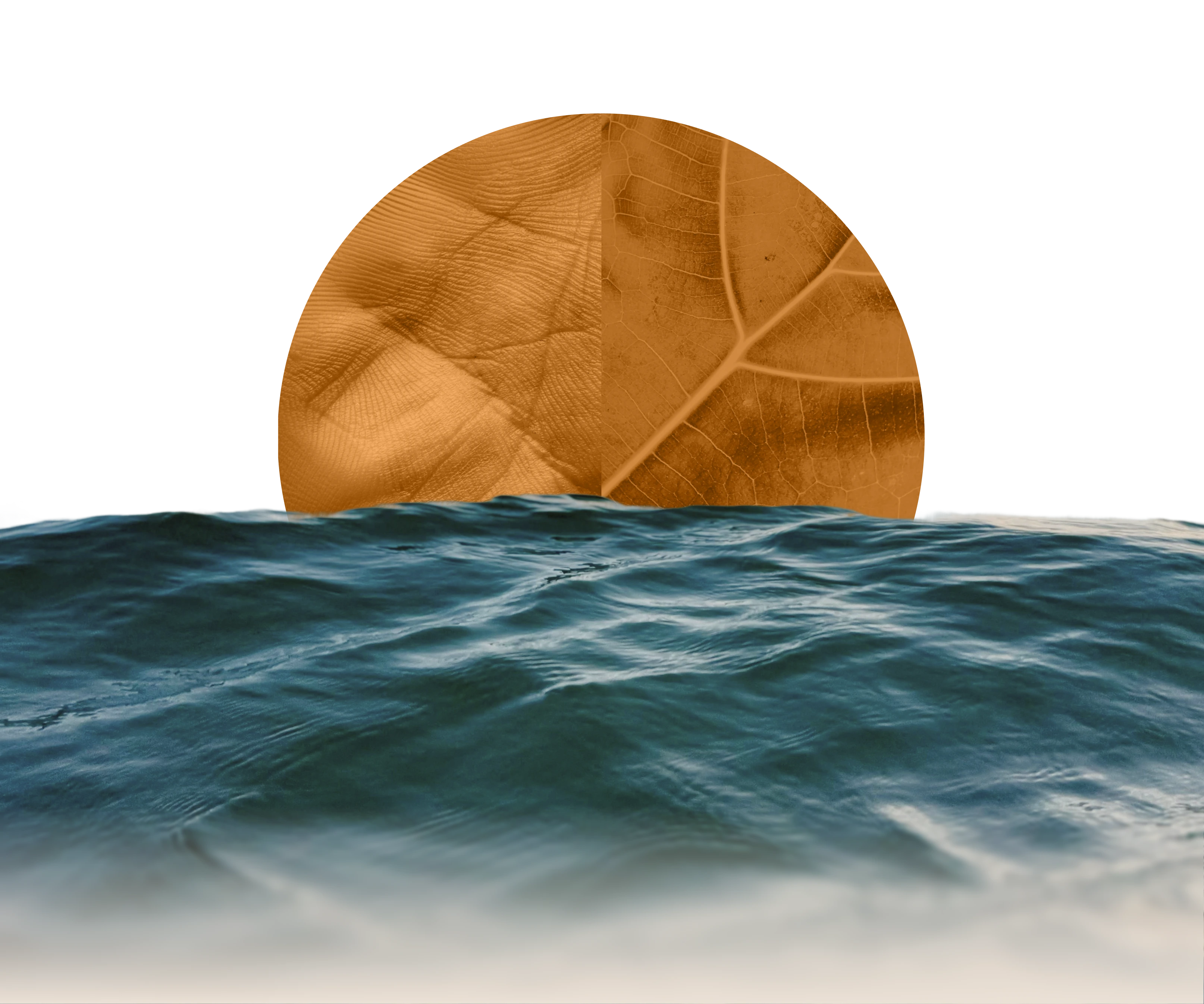 Green moss-covered hills with a large circular overlay showing close-up of rippling water over golden skin.