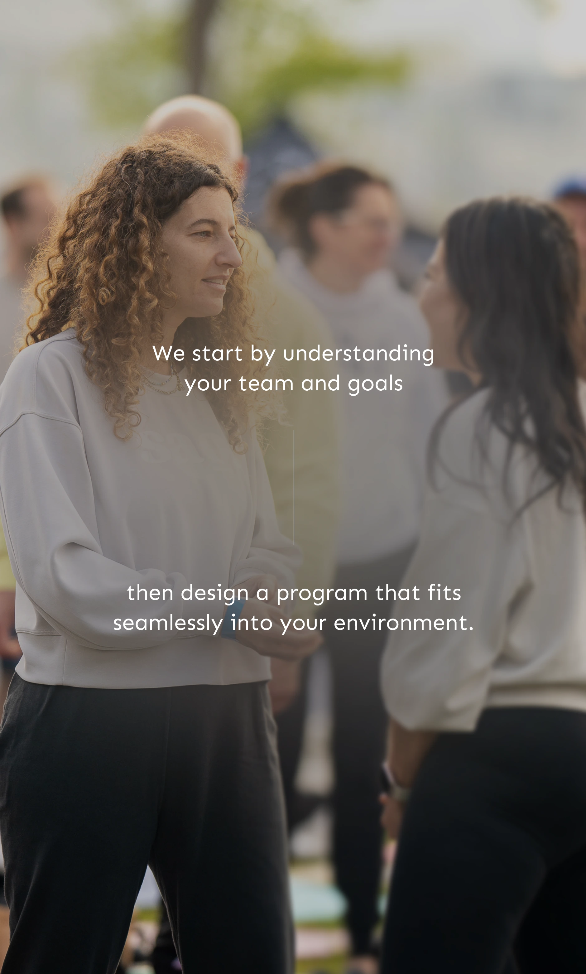 Woman in athletic wear with eyes closed, practicing deep breathing with hands on chest and stomach against a background of a large eye and an orange halo.