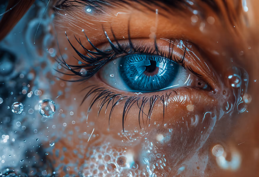 Close-up of a blue eye with water droplets, showcasing intricate details and a cool color palette for a surreal effect.