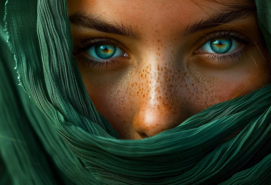 Close-up of striking blue-green eyes framed by a green scarf, with freckles and a blurred background enhancing the focus.