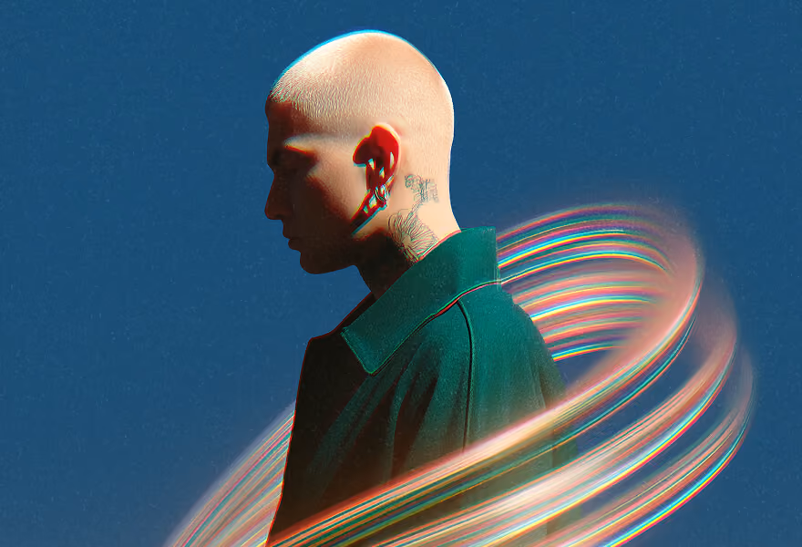 A stylized portrait of a person with a shaved head and tattoos, surrounded by glowing light trails against a gradient background.