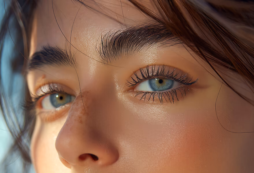 Close-up portrait of a woman with blue eyes and dark hair, bathed in sunlight, with a serene expression and natural beauty.