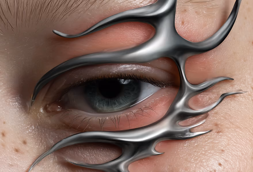 Close-up of a human eye with a metallic flame-like accessory, showcasing intricate details of skin texture and a striking design.