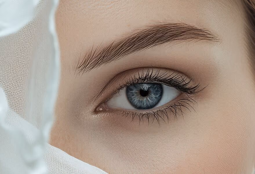 Close-up of a woman's blue eye framed by sheer white fabric, light brown hair, and a detailed silver earring for an elegant look.