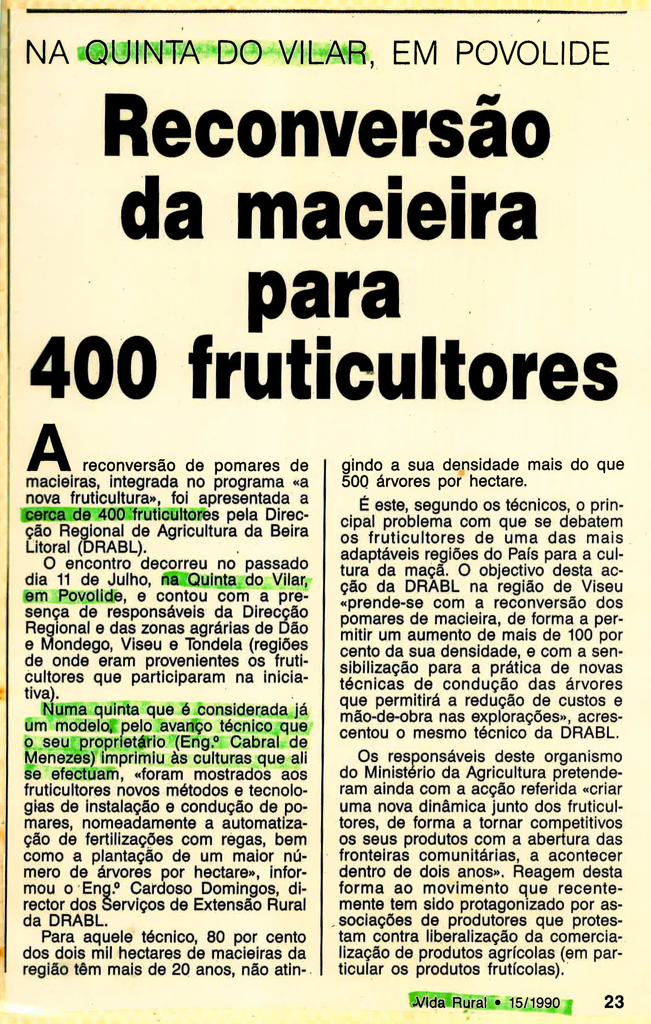 Página de revista com artigo sobre reconversão de macieiras para 400 fruticultores na Quinta do Vilar em Povolide, destacando técnicas agrícolas avançadas e automação.