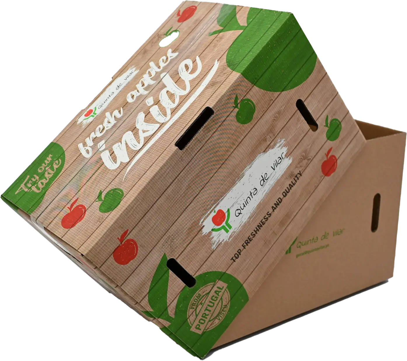 Caixa de papelão para maçãs frescas da marca Quinta de Vilar, com design de madeira e ilustrações de maçãs vermelhas e verdes.