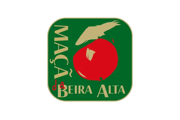 Logótipo com maçã vermelha e texto 'Maçã da Beira Alta' em fundo verde.
