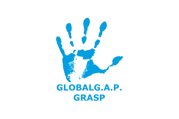 Logótipo da GLOBALG.A.P. GRASP com uma impressão de mão azul.