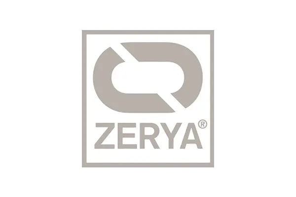 Logótipo da marca ZERYA em fundo branco com símbolo cinzento acima do nome.