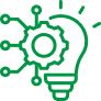 Ícone verde combinando uma lâmpada com engrenagens, simbolizando inovação e ideias tecnológicas.