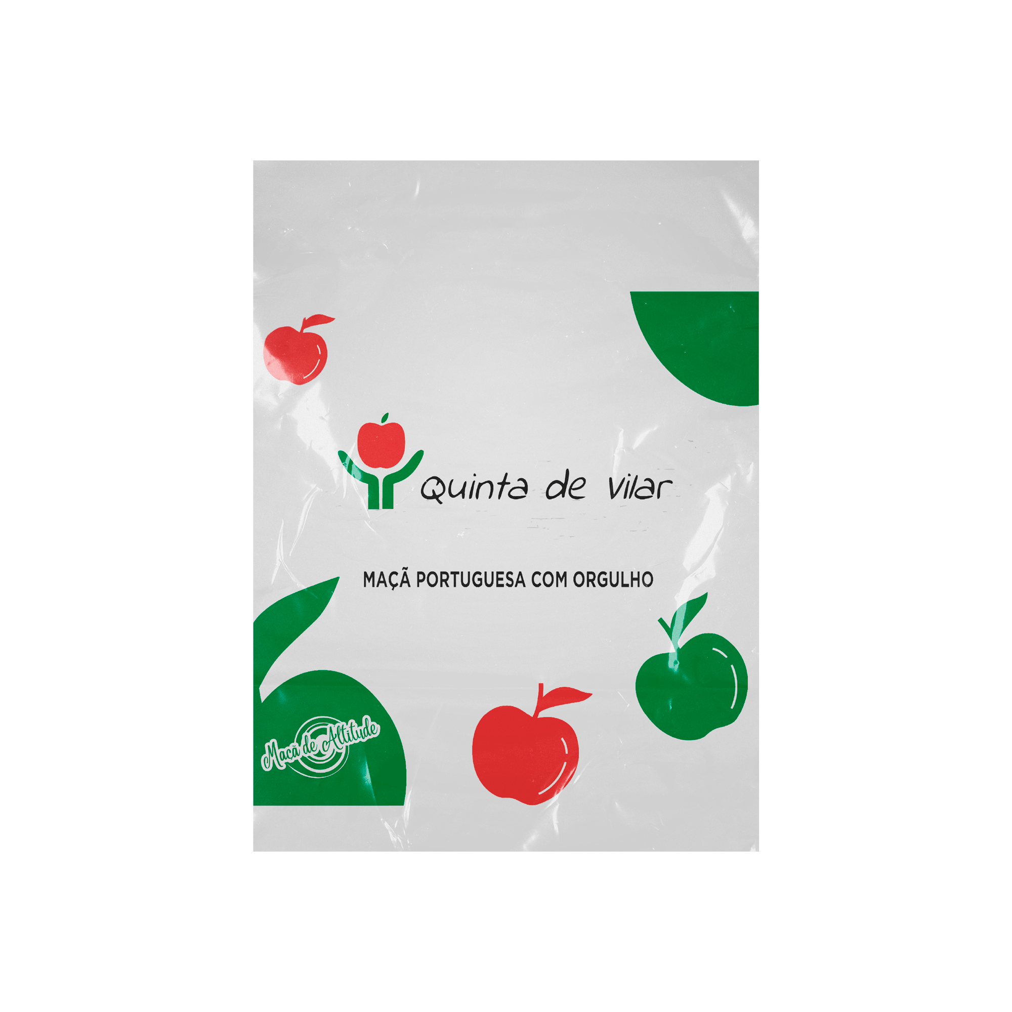 Embalagem branca com maçãs vermelhas e verdes desenhadas e texto "quinta de vilar - maçã portuguesa com orgulho".