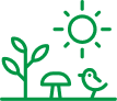 Ícone verde simples representando sol, pássaro, cogumelo e planta.