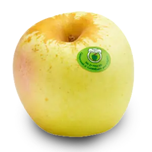 Maçã amarela com etiqueta verde na pele.