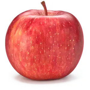 Maçã Fuji vermelha com manchas amarelas claras e um caule curto.