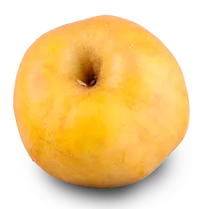 Maçã de variedade Reineta de cor amarela com pele lisa.