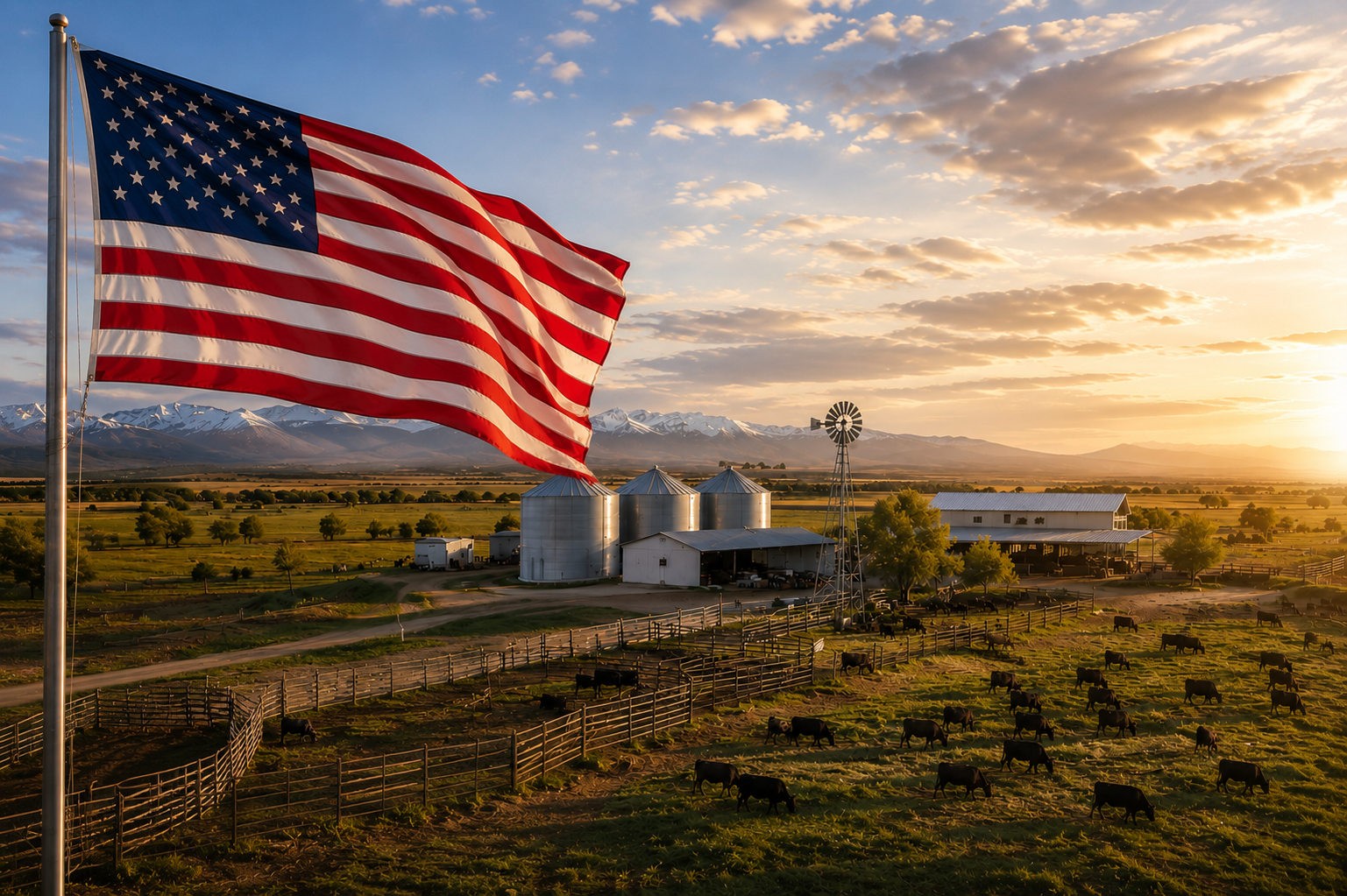 Cattle ranch at sunset