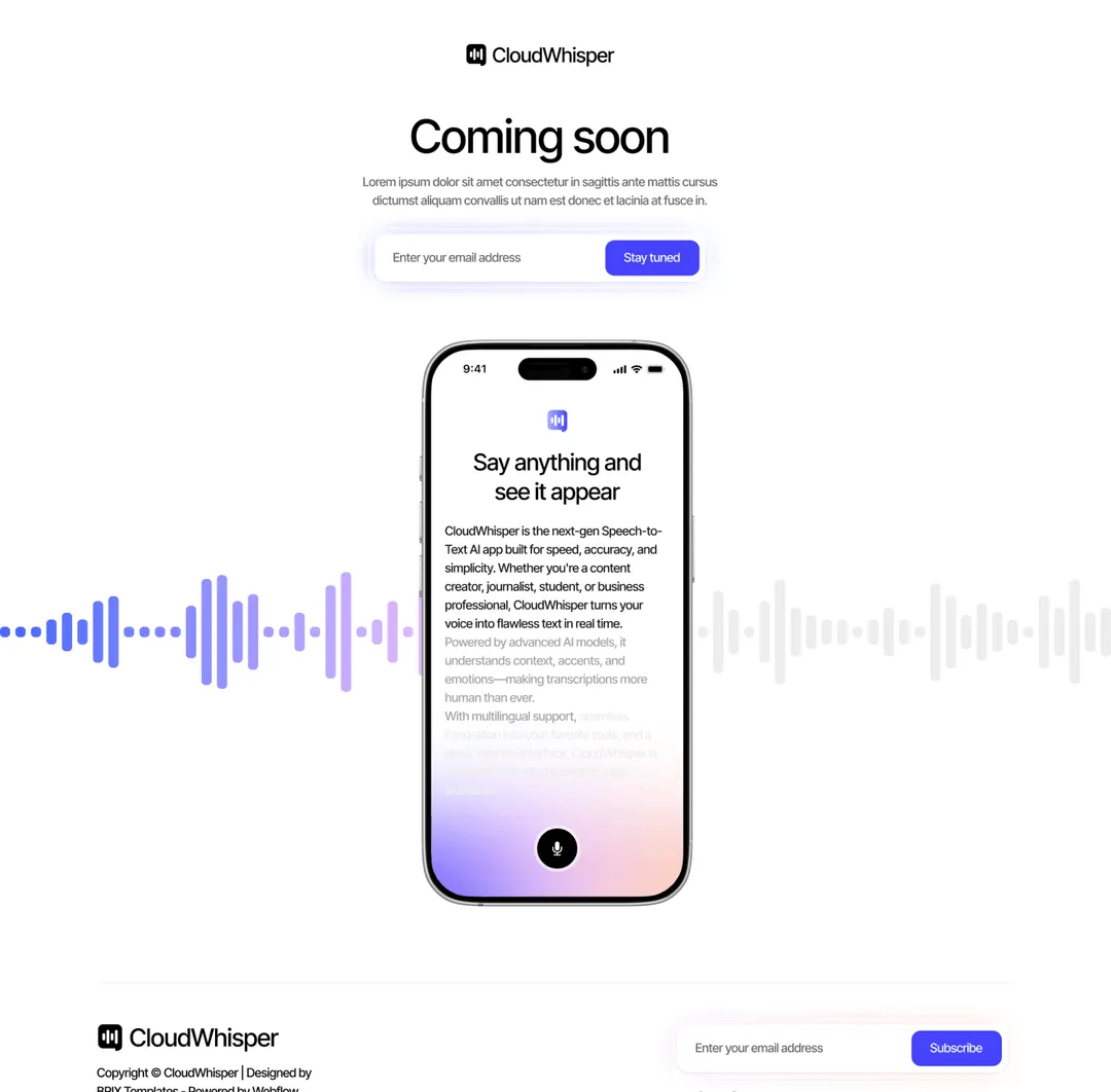 CloudWhisper - Coming Soon Page - Speech To Text App Webflow Template