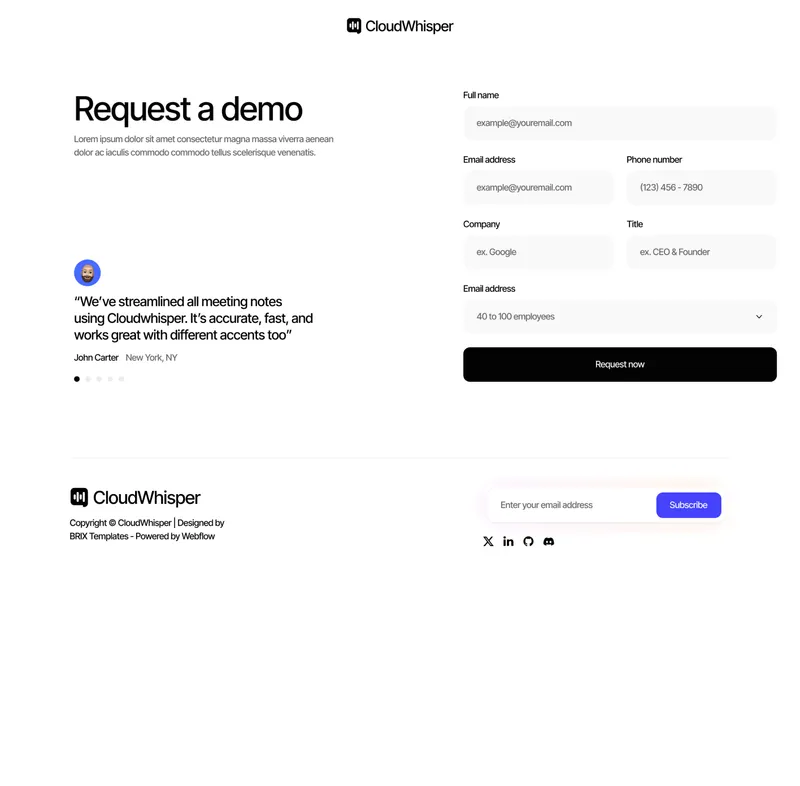 CloudWhisper - Request A Demo Page - Speech To Text App Webflow Template