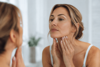 Woman with a refined jawline after facial contouring in Palm Desert, California