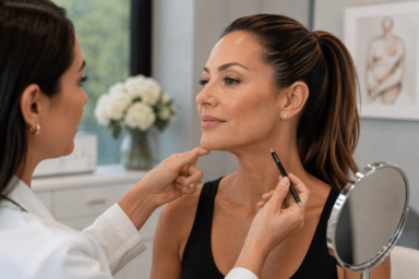 Woman with a lifted brow and defined jawline after facial rejuvenation in Palm Desert, California