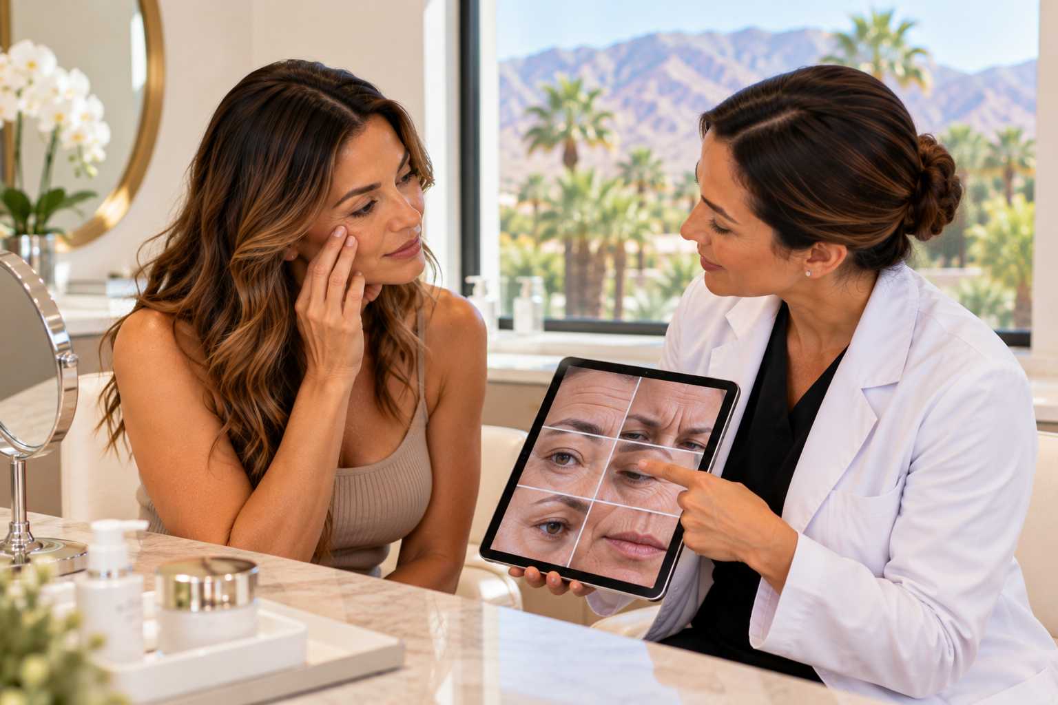 Provider examining forehead and smile lines on a middle-aged patient during a wrinkle treatment consultation in Palm Desert, California