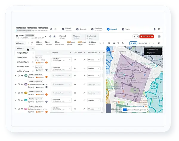 Route planning software showing tour plans, rider assignments, and delivery zones
