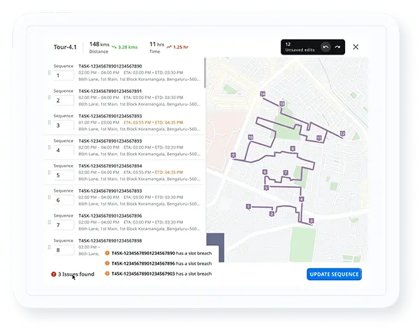 Route planning software showing tour scheduling with multiple stops and slot breach alerts