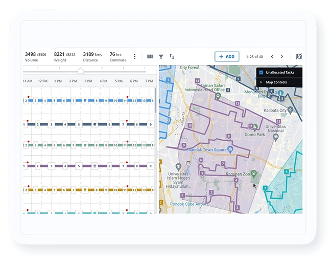 Logistics software interface showing tour plans, rider assignments, and a map with delivery zones in Bengaluru.