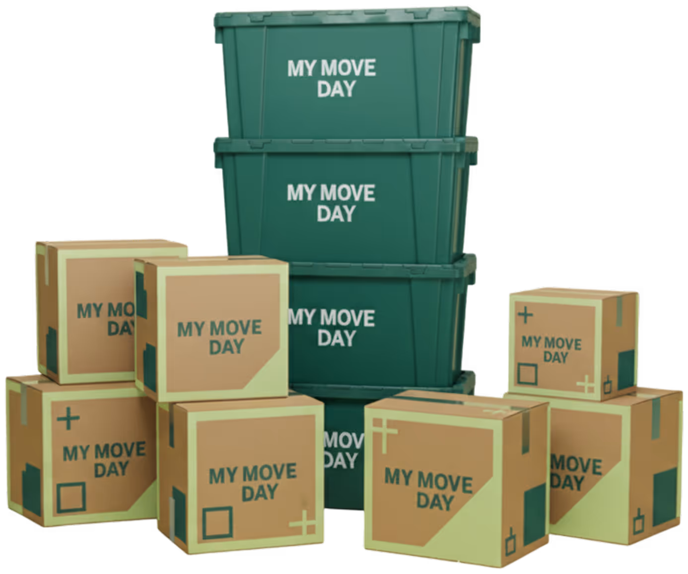 Stack of three green plastic bins and nine cardboard boxes labeled 'MY MOVE DAY'.