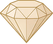 Stylized beige diamond-shaped gem with geometric facets outlined in gold.