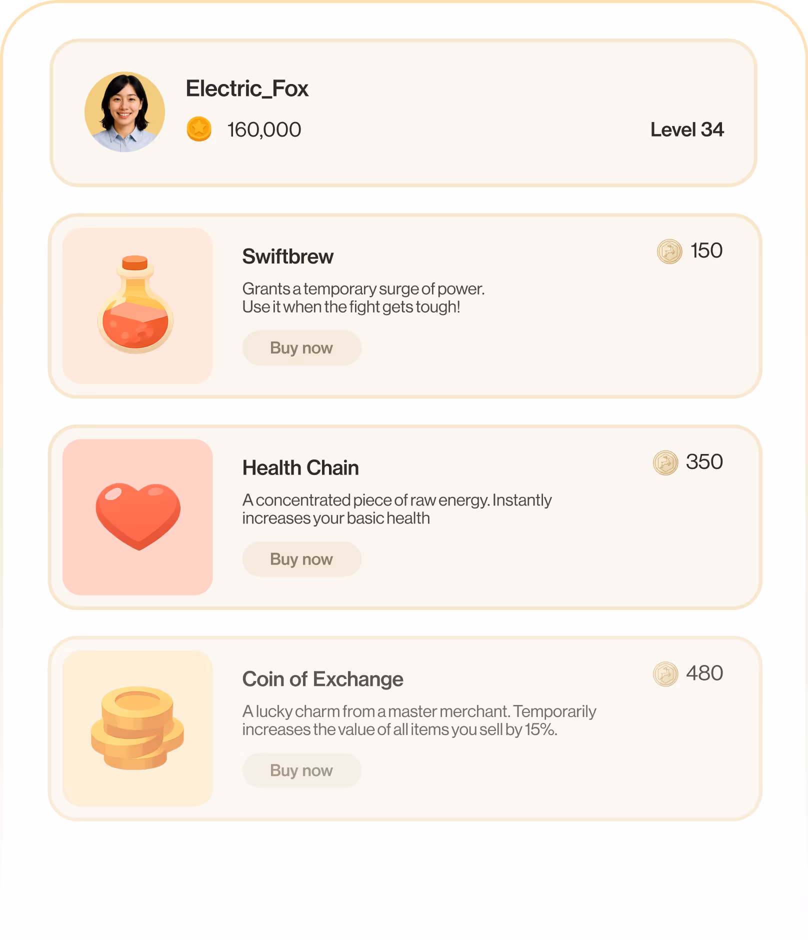 Gaming profile of Electric_Fox at level 34 with 160,000 coins and options to buy Swiftbrew or Health Chain power-ups.