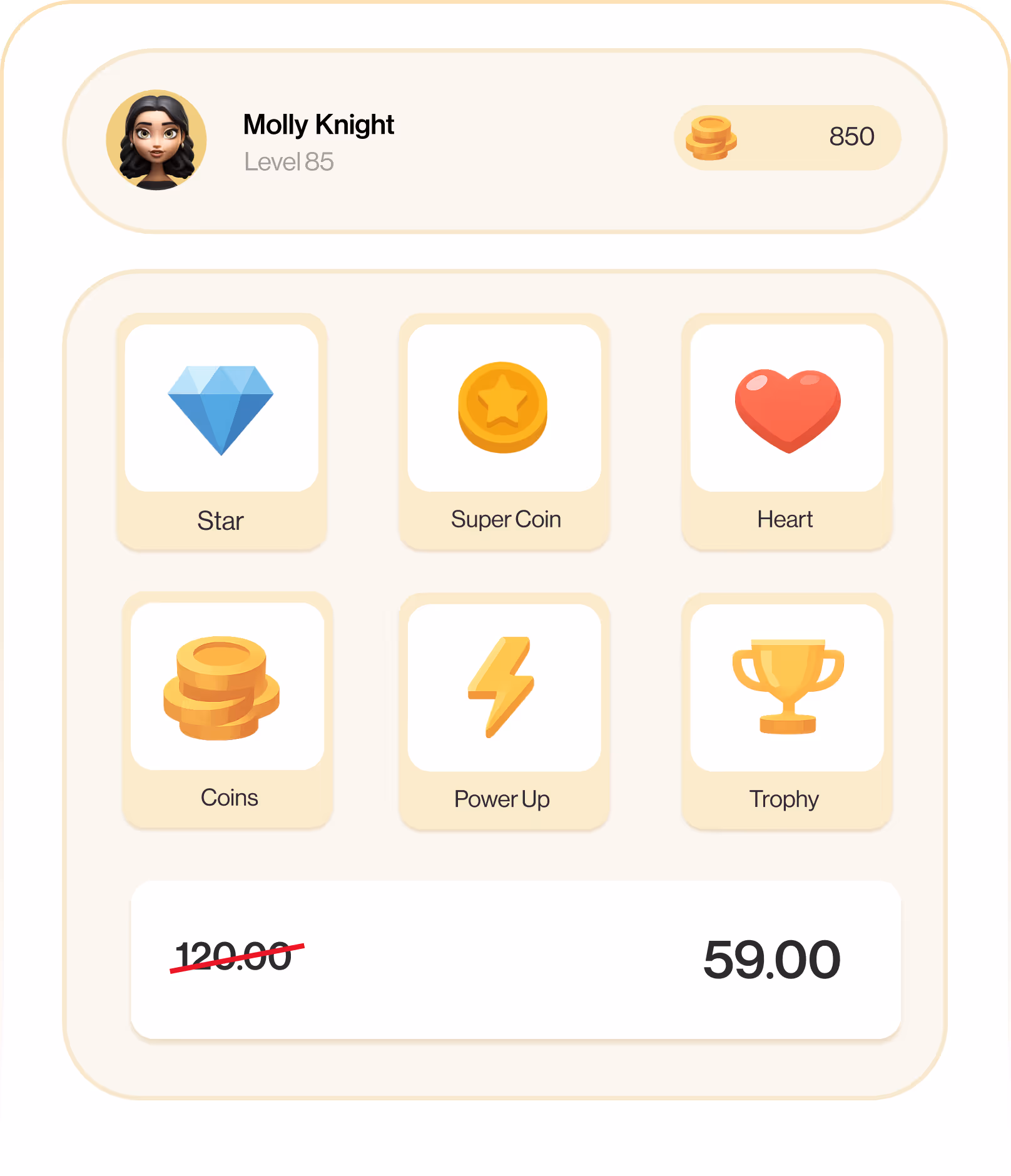 Game profile of Molly Knight, level 85, with 850 coins and icons for Star, Super Coin, Heart, Coins, Power Up, and Trophy, showing a discounted price from 120.00 to 59.00.