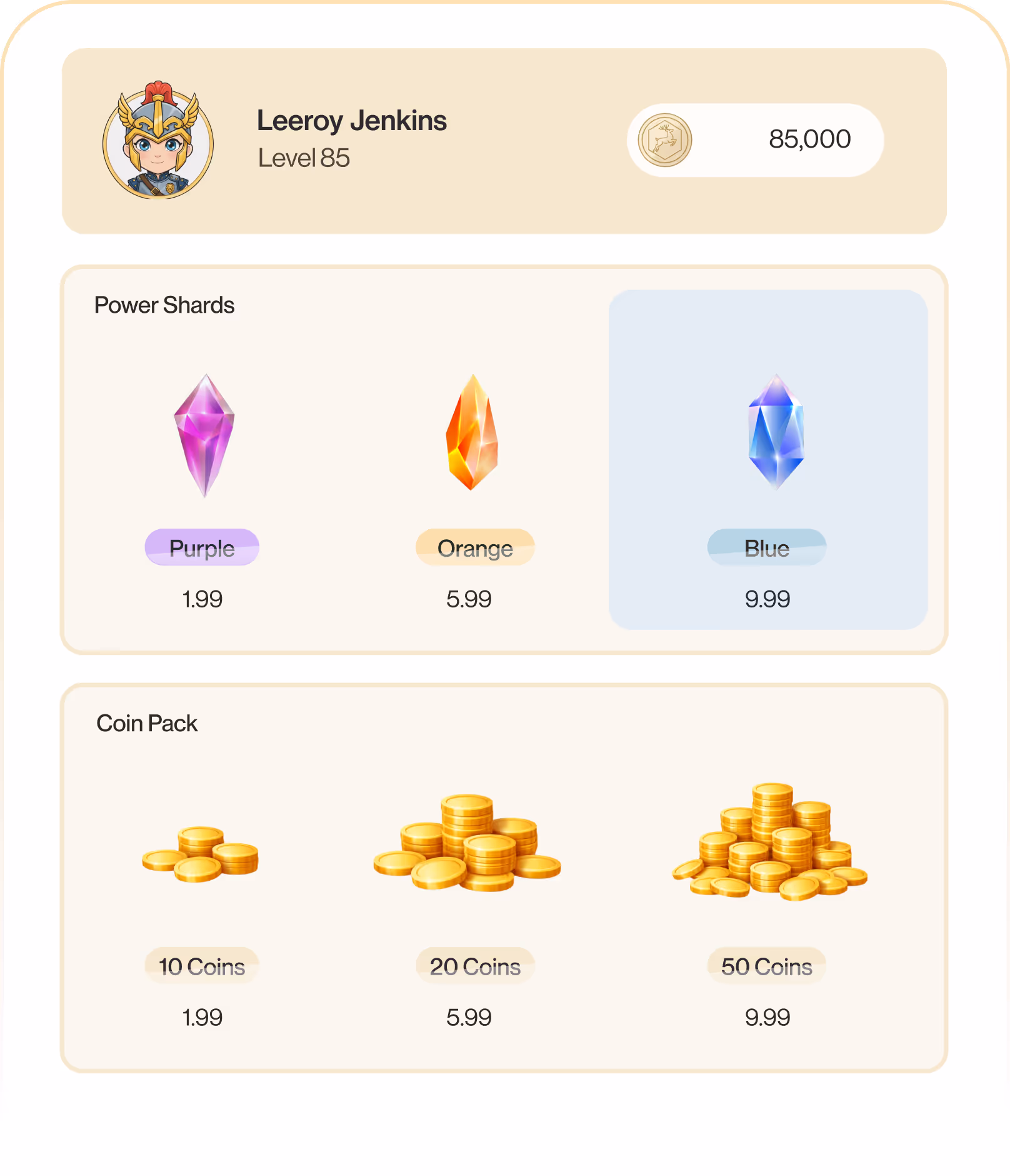 Game character Leeroy Jenkins at level 85 with 85,000 coins, showing prices for power shards and coin packs.