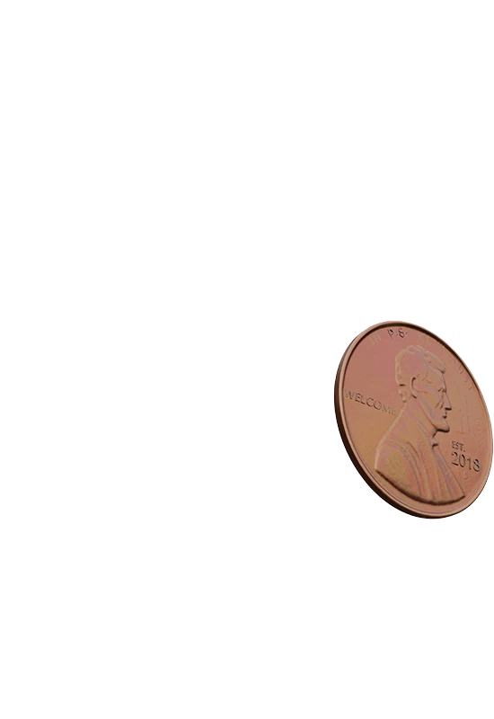 3D-rendered copper penny floating in mid-air, featuring a stylized Lincoln portrait with the words ‘P.S.’, ‘WELCOME’ and ‘EST. 2018’ engraved.