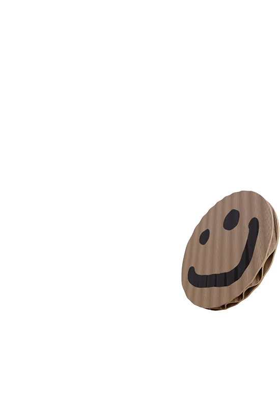 3D-rendered corrugated cardboard coin with a black smiley face, floating in mid-air.