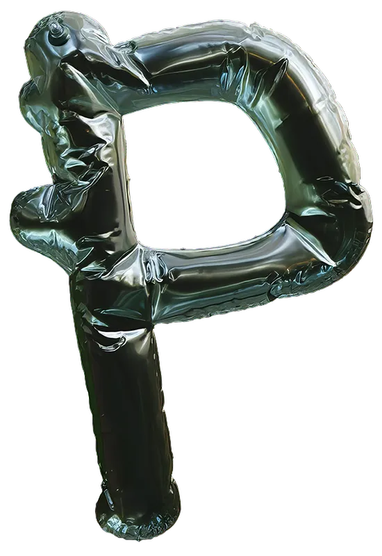 3D-rendered metallic inflatable balloon in the shape of the letter ‘P’ with reflective, crinkled surfaces.